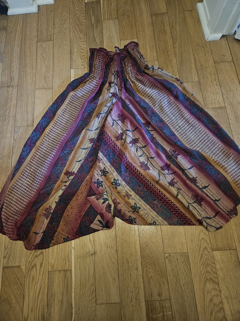 Bohemian Stripe Floral Harem Pants in Burgundy and Teal